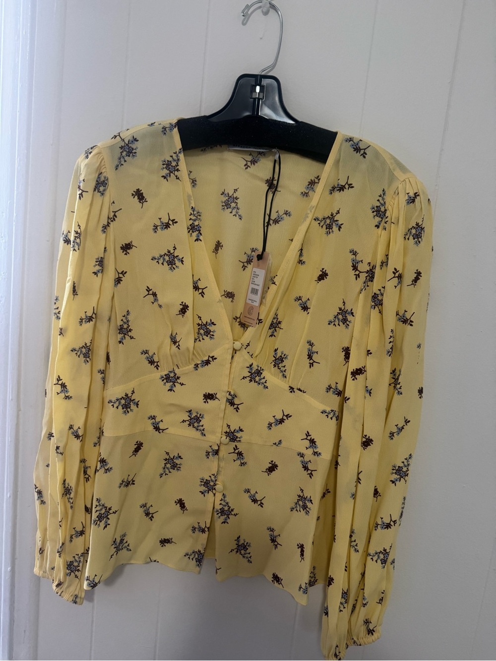 Rebecca Minkoff Yellow Floral V-Neck Button Blouse